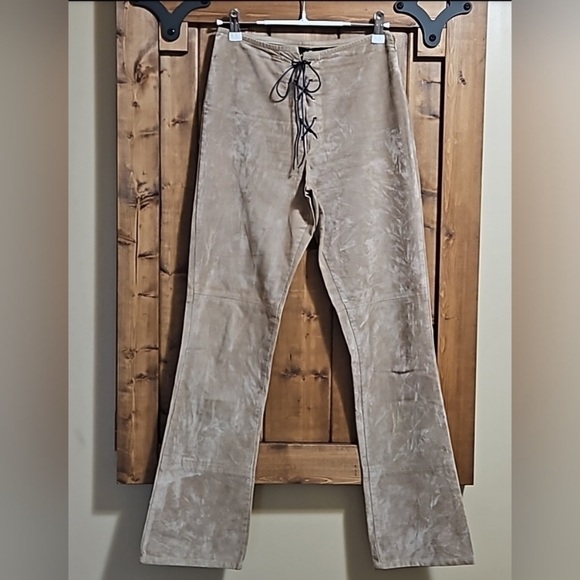 Dollhouse Pants - Y2K Dollhouse Tan Faux Suede Lace Up Flared Boho Festival Pants Size Small